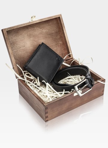 Zestaw Prezentowy  STEVENS Portfel i Pasek w drewnianym pudełku na prezent Dla Chłopaka Dla Męża