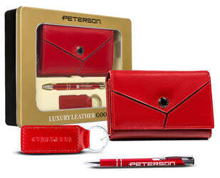 Zestaw prezentowy: średni, skórzany portfel damski, brelok i długopis Peterson