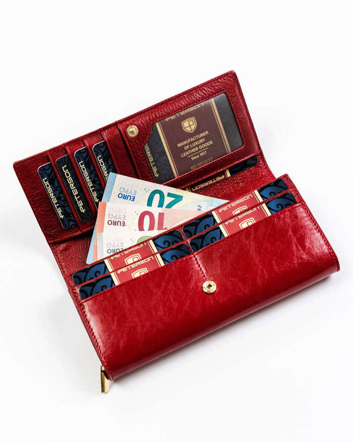 Elegancki portfel damski Skórzany z ochroną kart RFID — Peterson - Czerwony